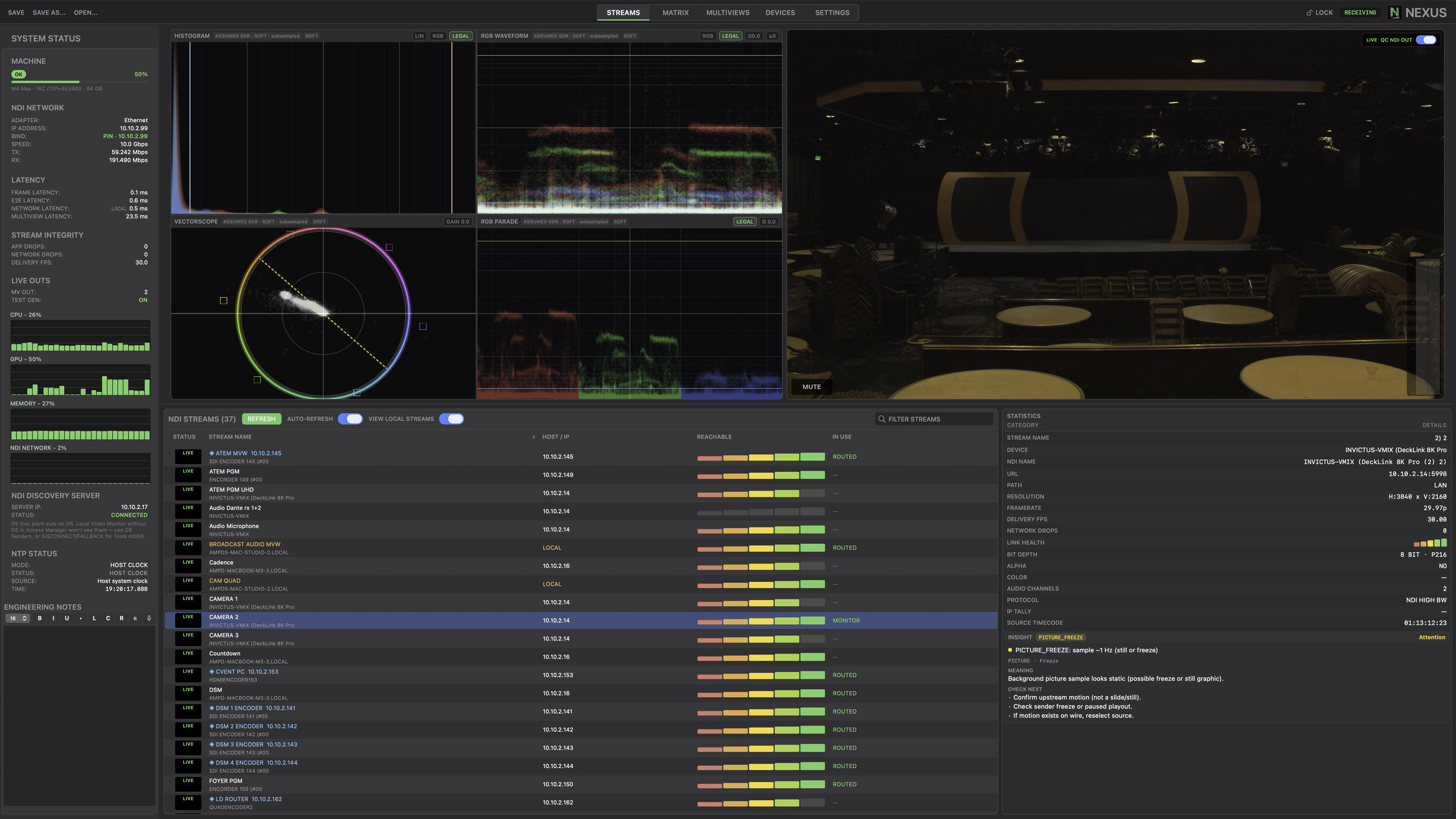 Nexus Streams view: live NDI sources with previews and stream status